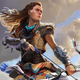 A woman stands tall, clouds behind her, while pulling back on a large bow.